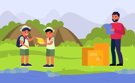 Courier delivering order to scouts camp. Children in uniform, landscape, cardboard box flat vector illustration. Logistics service, delivery concept for banner, website design or landing web pageのイラスト素材