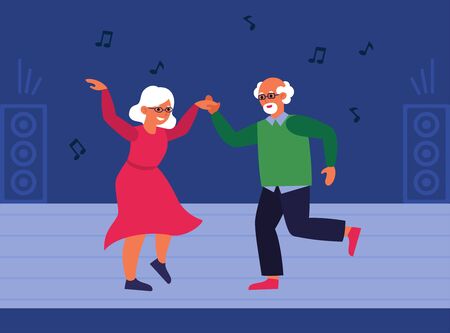 Senior couple on dance floor. Retro party, activity, leisure sign flat vector illustration. Retirement, relationship, lifestyle concept for banner, website design or landing web pageのイラスト素材