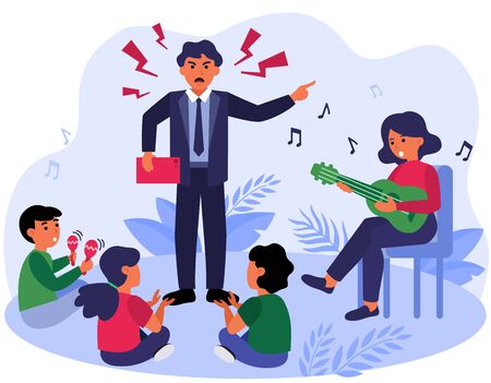Angry man shouting at kids and woman. Father, mother, children flat vector illustration. Family problems, domestic violence concept for banner, website design or landing web pageのイラスト素材