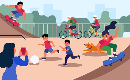 Active children on city playground. Playing ball, skateboarding, bikes flat vector illustration. Lifestyle, outdoor activity concept for banner, website design or landing web pageのイラスト素材