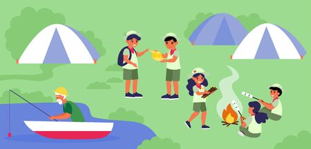 Scouts camp at lake shore. Group of children, boy scouts, landscape flat vector illustration. Vacation, exploration, recreation concept for banner, website design or landing web pageのイラスト素材