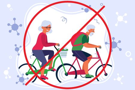 Coronavirus isolation for senior people. Old couple riding bikes, prohibition sign flat vector illustration. Epidemic, pandemic, risk concept for banner, website design or landing web pageのイラスト素材