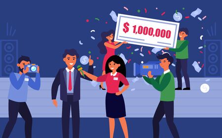 Prize drawing show. Reporters interviewing businessman flat vector illustration. Broadcasting, marketing, promo campaign concept for banner, website design or landing web pageのイラスト素材