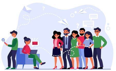 Manager sending emails to happy customers. Group of people, person with laptop, new message flat vector illustration. Communication concept for banner, website design or landing web pageのイラスト素材