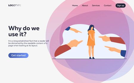 Depressed sad woman standing as victim flat vector illustration. Surrounded girl and fingers...