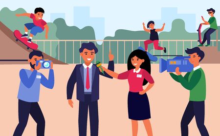 Newscasters interviewing businessman or politician. Reporters, correspondent, playground flat vector illustration. Broadcasting, journalism concept for banner, website design or landing web pageのイラスト素材