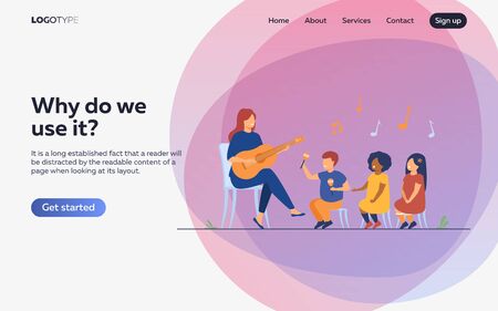 Kindergarten teacher playing guitar for diverse group of kids. Preschool children enjoying music lesson. Flat vector illustration for day care activity, childhood conceptのイラスト素材
