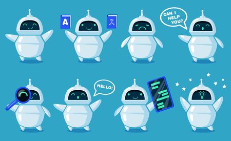 Chat bot set. Cute robot offering help, online conversation, saying hello, translation. Cartoon characters collection for chatbot, artificial intelligence or modern technology conceptのイラスト素材