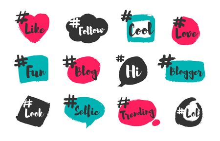 Hashtag social flat icon set. Fun blog slang banners and post tag design vector illustration collection. Social media, conversation and communication conceptのイラスト素材
