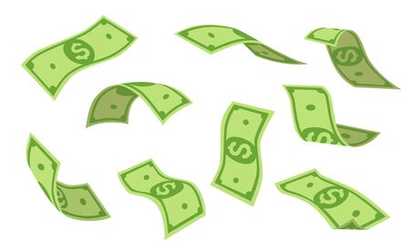 Flying dollars set. Money rain, falling cash isolated on white background. Vector illustration collection for finance, bingo, currency, success, investment conceptのイラスト素材