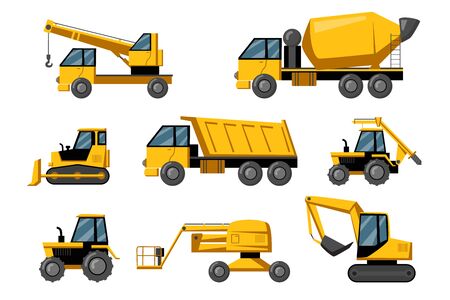 Construction trucks set. Yellow heavy machines for building works. Bulldozer, excavator, quarry, tractor collection isolated on white background. Building industry conceptのイラスト素材