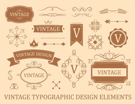 Flourish vintage flat badges set. Cartoon Victorian wedding cards and border frames vector illustration collection. Classic ornaments and decoration conceptのイラスト素材