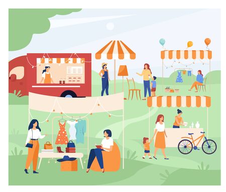 Happy people at street season flea market flat vector illustration. Cartoon crowd walking at park during summer fair. Sale community and marketplace conceptのイラスト素材