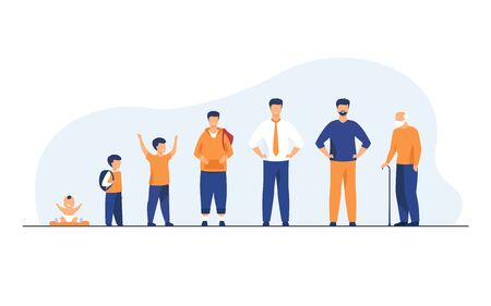 Man life cycle concept. Set of male character in different age. Baby, kid, boy, pupil, student, adult, pensioner, old man standing in line. Flat vector illustration for age and generation topicsのイラスト素材