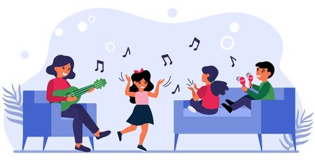 Children having fun at music class. Teacher playing guitar, kids dancing, singing flat vector illustration. School, teaching, childhood concept for banner, website design or landing web pageのイラスト素材