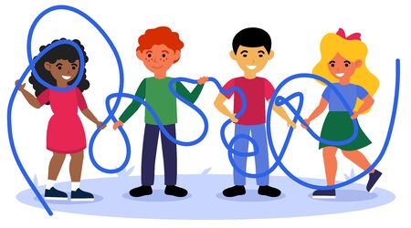 Happy children holding tangled rope together. Kids, friends, diverse group flat vector illustration. Friendship, connection concept for banner, website design or landing web pageのイラスト素材