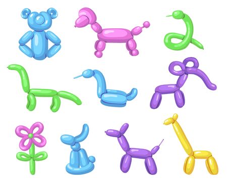 Various air balloon animals flat icon set. Cartoon cute dog, flower or toy with helium for children isolated vector illustration collection. Party and entertainment conceptのイラスト素材