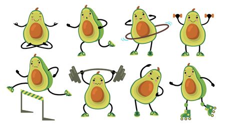 Funny avocados doing exercise flat icon set. Cartoon cute fruit character running, sitting in yoga...