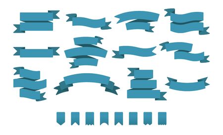 Blue ribbons for banners set. Decorative tape for gift boxes, festive flags, space for text. Vector illustrations for sale, discount, special offer concept, advertising designのイラスト素材