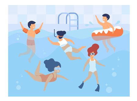 Happy kids swimming in pool. Children in swimwear enjoying bathing in water, diving, floating with inflatable ring. Can be used for swimming class, vacation, summer activity with friends conceptのイラスト素材