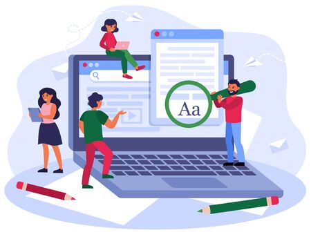 Blogging and seo marketing concept. Authors or journalists writing articles. Freelance writers with computers creating online content. Vector illustration for education or journalism topicsのイラスト素材