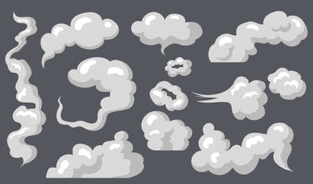 Steam clouds set. Various smoke shapes, comic fog or gas, exhaust fumes or explosion dust, vapor in motion. Isolated, cartoon vector illustrations on black backgroundのイラスト素材