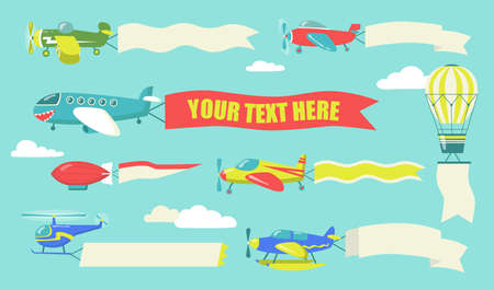 Planes with flying banners set. Airplanes, biplane and helicopter in sky with advertisement text on ribbons and flags. Cartoon vector illustration for advertising or transport conceptのイラスト素材