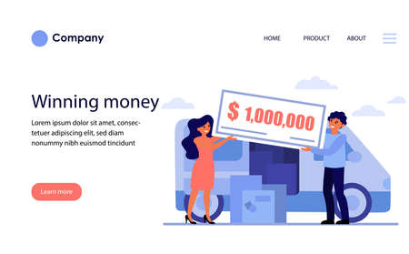 Happy couple winning money prize. Moving truck, cardboard box, award flat vector illustration. Delivery, moving house concept for banner, website design or landing web pageのイラスト素材