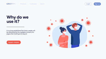 People feeling anxiety and panic about coronavirus outbreak. Man and woman wearing face masks, protecting from virus. Flat  illustration for epidemic, pandemic, society conceptのイラスト素材