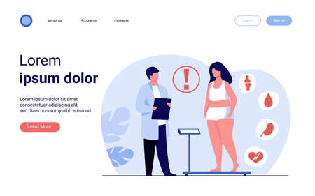 Fat patient visiting doctor. Woman suffering from overweight, obesity, heart disease, having diabetes risk. Can be used for health problem, lifestyle, medical help conceptのイラスト素材