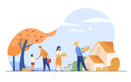 Farming and agriculture concept. Farmers picking fruits under tree, carrying crates with vegetables from plantation. Vector illustration for gardening, autumn, harvest season topicsのイラスト素材
