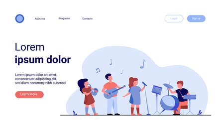 Cute young musicians at school music festival flat vector illustration. Cartoon children playing musical instruments and singer singing on party. Entertainment, performance and hobby conceptのイラスト素材