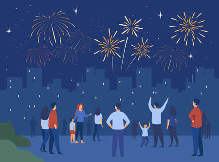 Festive city night concept. Crowd of people with children celebrating event and watching firework in sky over cityscape. Vector illustration for celebration, holiday, urban show topicsのイラスト素材