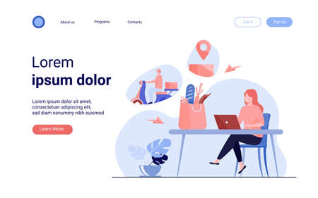 Cartoon woman with laptop ordering food online. Courier riding motorbike with parcel box. Vector illustration for food delivery, ecommerce, service conceptのイラスト素材