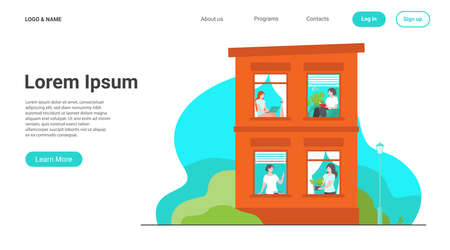 Building exterior with open windows and people inside their apartment. Neighbor women greeting each other, using laptops, reading book. Vector illustration for staying at home, leisure conceptのイラスト素材