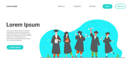 Happy diverse students celebrating graduation from school or colleges, holding diplomas and certificates. Flat vector illustration for education, university party, academic success conceptのイラスト素材
