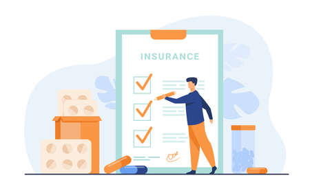 Health insurance agreement. Man studying insurance list among medical drugs and hospital pills. Can be used for health protection, security, health care. Money conceptsのイラスト素材