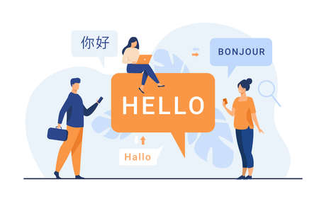 People using online translation app, translating words from foreign languages with mobile service. Can be used for international communication, travel abroad, learning conceptのイラスト素材