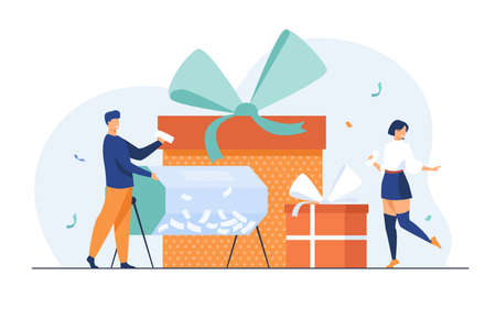 Lottery winners with raffle drum and gift boxes. Lucky people with tickets winning prizes and celebrating. Can be used for luck, fortune, random prize draw conceptsのイラスト素材