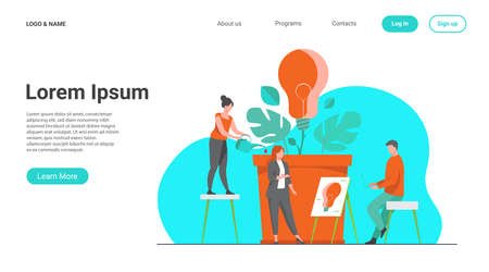 Business team discussing new ideas and innovations. Group of people growing lightbulb plant. Vector illustration for teamwork, ecology, innovation, growth, eco energy conceptのイラスト素材