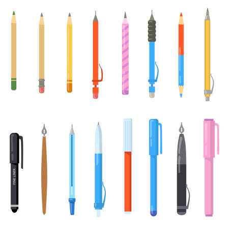 School pens set. Cartoon pencils with eraser on button, markers with lid, fountain pen. Isolated cartoon illustrations for office supplies, stationery, drawing or writing conceptsのイラスト素材
