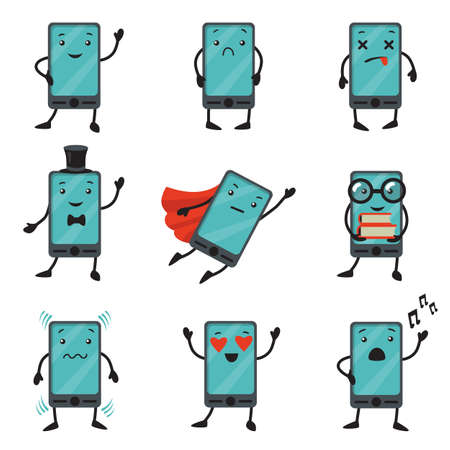 Mobile phone cartoon character set. Sad, smiling or dead cellphone, smartphone in superhero clothes, cellphone in love. Vector illustration for digital device, technology conceptのイラスト素材