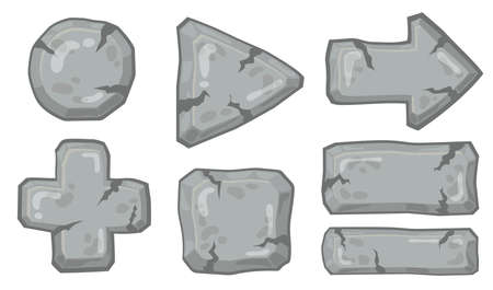 Stone arrows and signs set. Rectangle boards and panels, rubble rock pointers, medical cross, plank tablets. Vector illustration for online game application templatesのイラスト素材