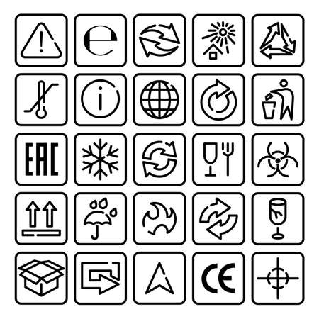 Packaging marks set. Recycling symbols for cardboard and plastic pack, fragile glass and umbrella signs for carton box. Vector illustrations for delivery, logistics, shipping conceptsのイラスト素材