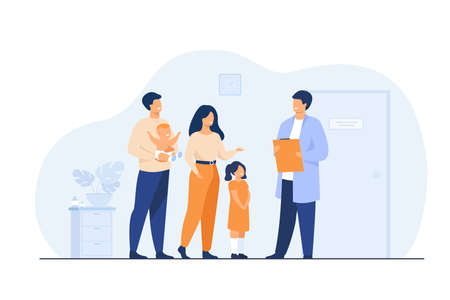 Happy young family with baby and pediatrician doctor isolated flat vector illustration. Cartoon pediatric patients in medical office or hospital. Emergency, health and medicine conceptのイラスト素材
