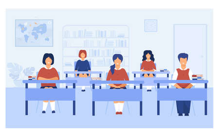 Intelligent pupils studying in classroom isolated flat vector illustration. Cartoon kids sitting at desks during school lesson or exam. Education and learning conceptのイラスト素材