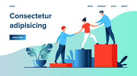 Employees giving hands and helping colleagues to walk upstairs. Team giving support, growing together. Vector illustration for teamwork, mentorship, cooperation conceptのイラスト素材