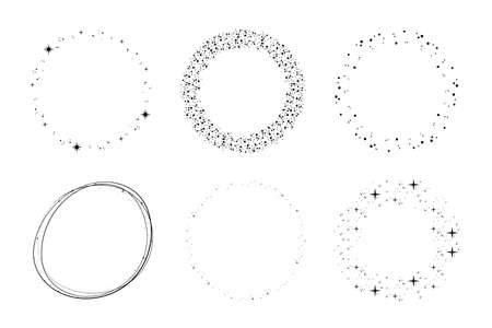 Stardust circles set. Round starry shapes, circular starry frames, cosmic ornament elements for monograms and logos. Vector illustration for party invitations, greeting cards designのイラスト素材