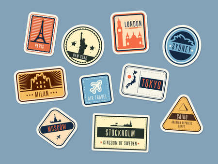 Travel badges set. Vintage stickers with city names and sights. Vector illustration for summer vacation, holiday, tourism concepts, touristic label templatesのイラスト素材