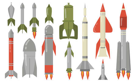 Various ballistic missiles flat icon set. Dangerous explosive military rocket for air strike isolated vector illustration collection. Army weapons, war and atomic bomb conceptのイラスト素材